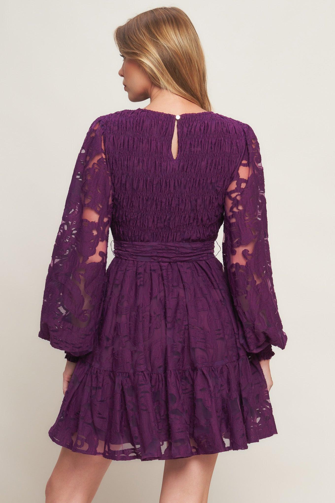 Flying Tomato Passion Plum Woven Lace Mini Dress worn by a model, demonstrating its flattering fit and elegant flow for any o