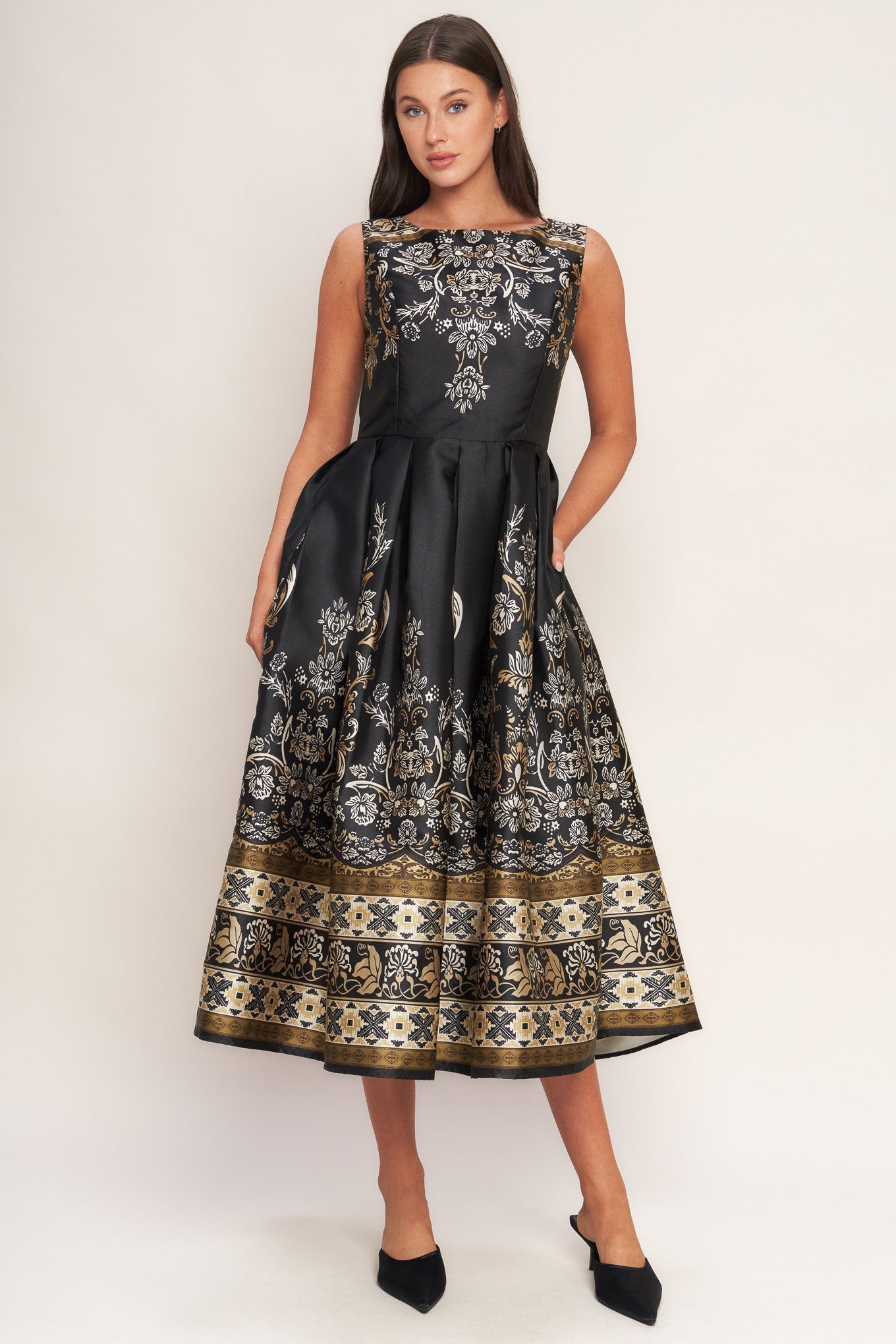 Baroque Spell Printed Woven Midi Dress Roundneck Sleeveless Flying Tomato