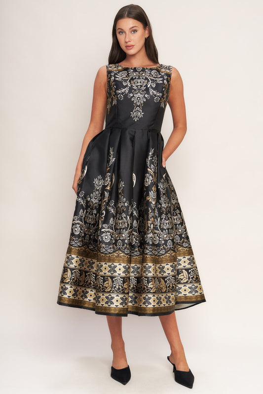 Baroque Spell Printed Woven Midi Dress Roundneck Sleeveless Flying Tomato