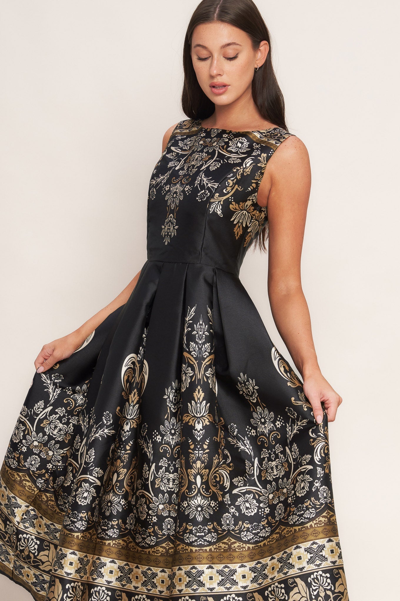 Baroque Spell Printed Woven Midi Dress Roundneck Sleeveless Flying Tomato