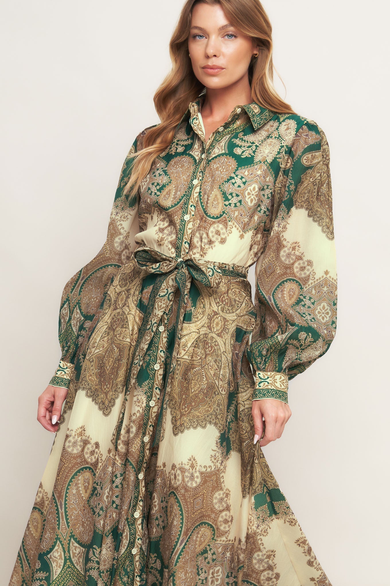 Lovely Golden Vision Woven Midi Dress Collar Button Down