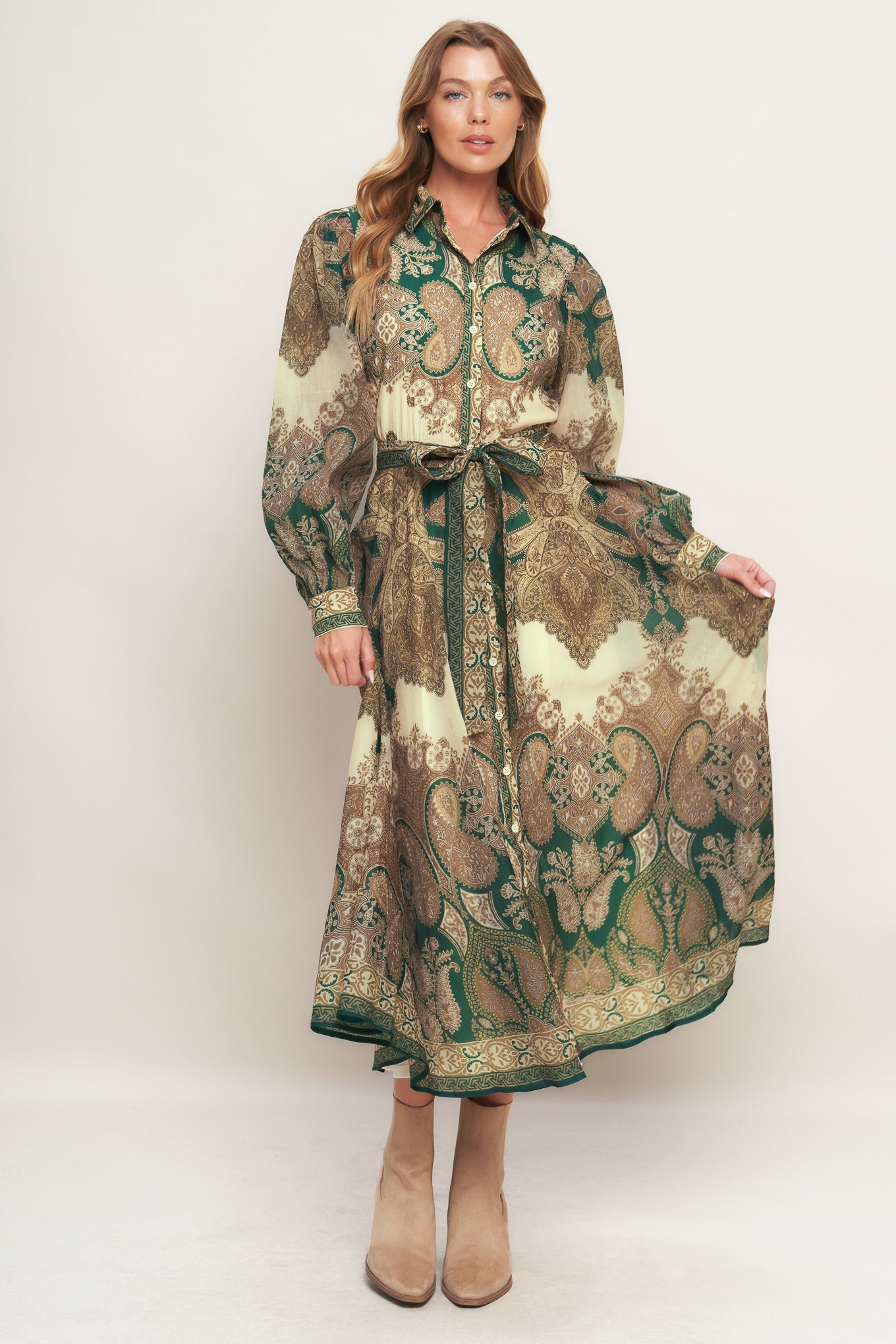 Lovely Golden Vision Woven Midi Dress Collar Button Down