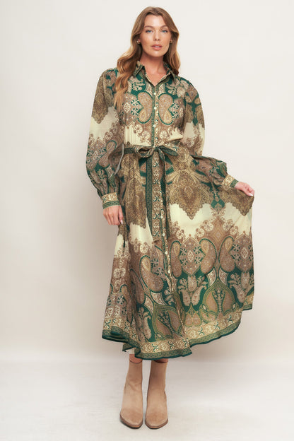 Lovely Golden Vision Woven Midi Dress Collar Button Down