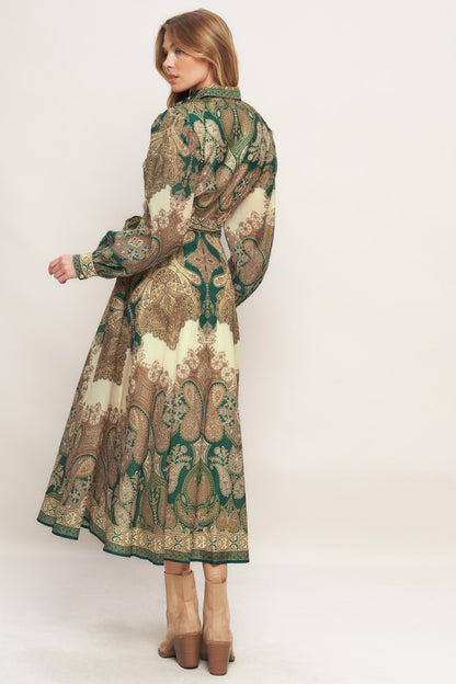 Lovely Golden Vision Woven Midi Dress Collar Button Down