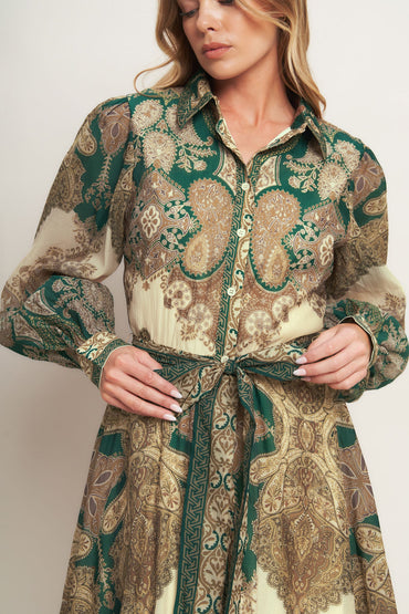 Lovely Golden Vision Woven Midi Dress Collar Button Down