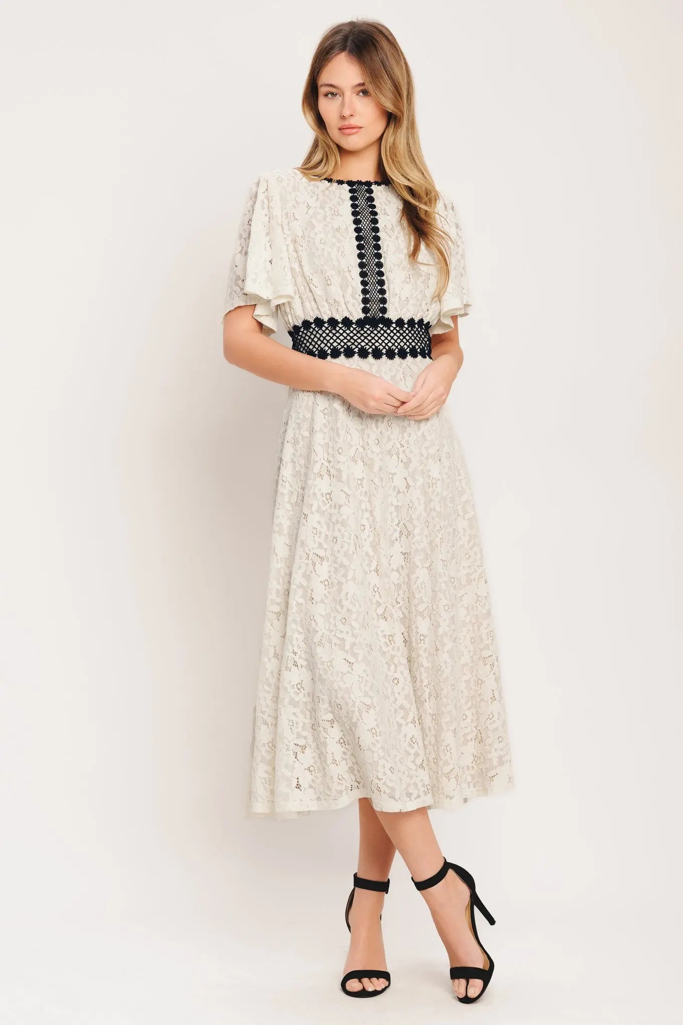 Petite Lune Woven Lace Midi Dress With Black Lace Waistband Flying Tomato