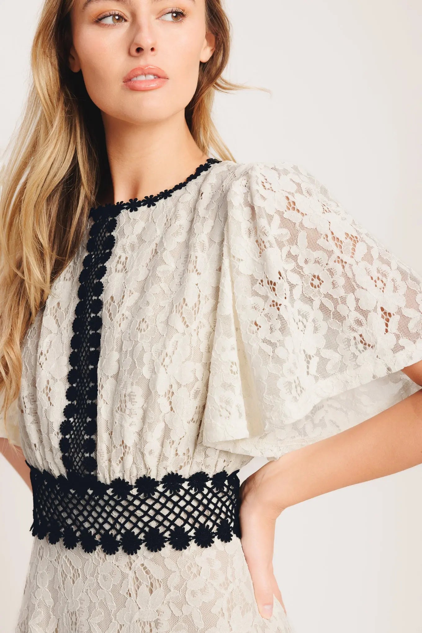 Petite Lune Woven Lace Midi Dress With Black Lace Waistband Flying Tomato