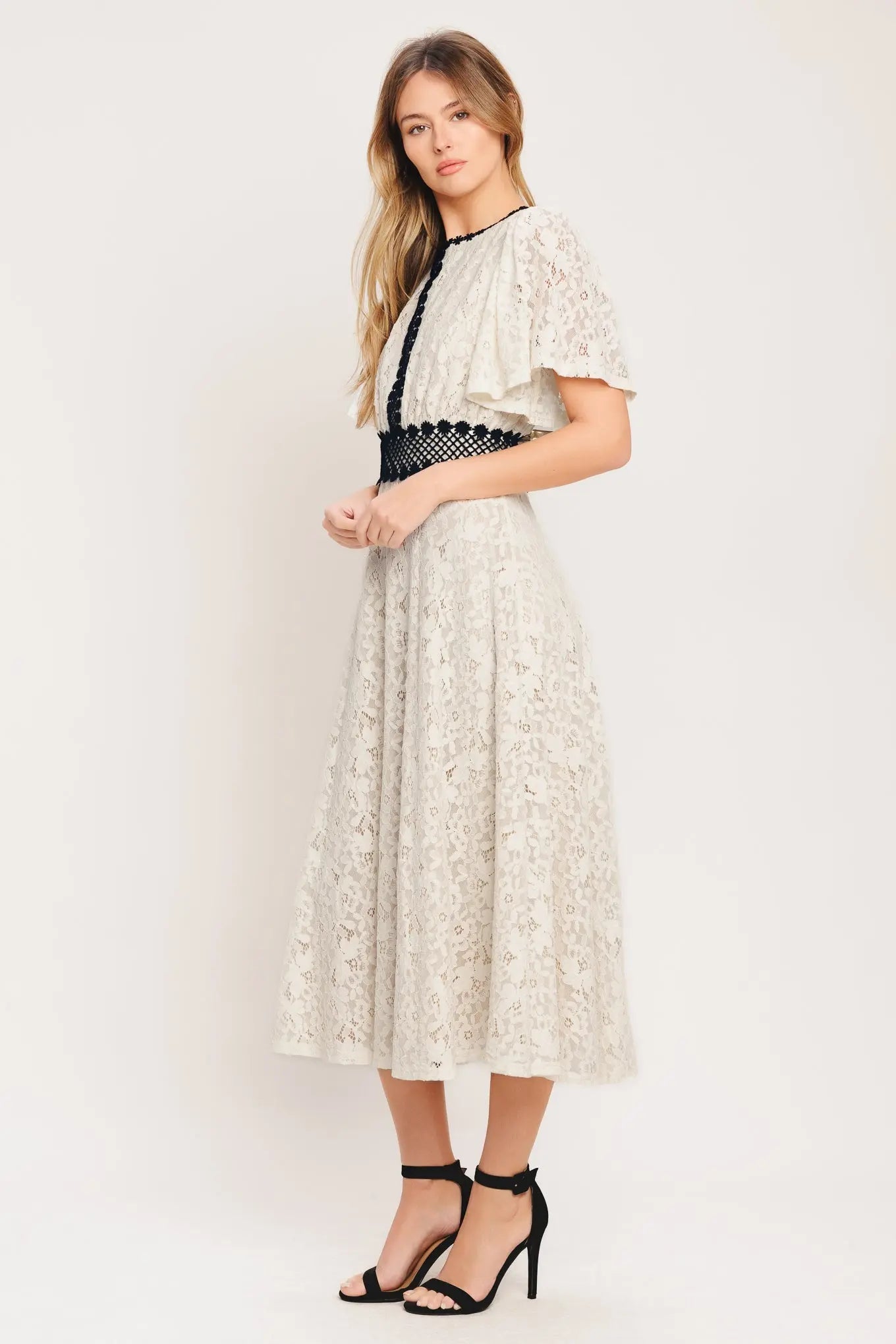 Petite Lune Woven Lace Midi Dress With Black Lace Waistband Flying Tomato