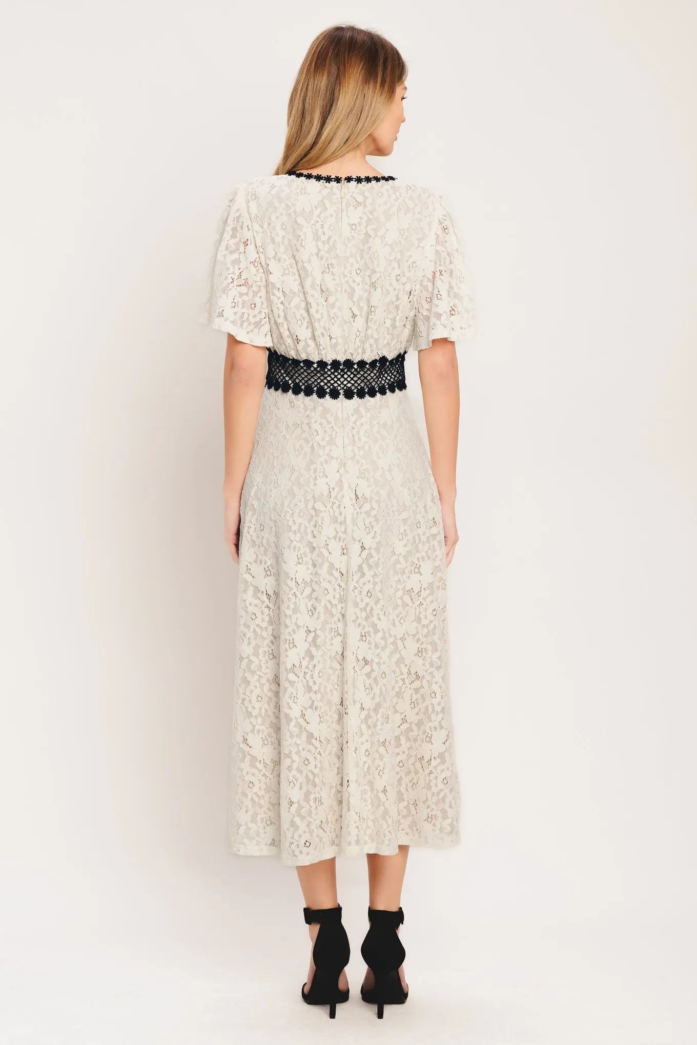 Petite Lune Woven Lace Midi Dress With Black Lace Waistband Flying Tomato