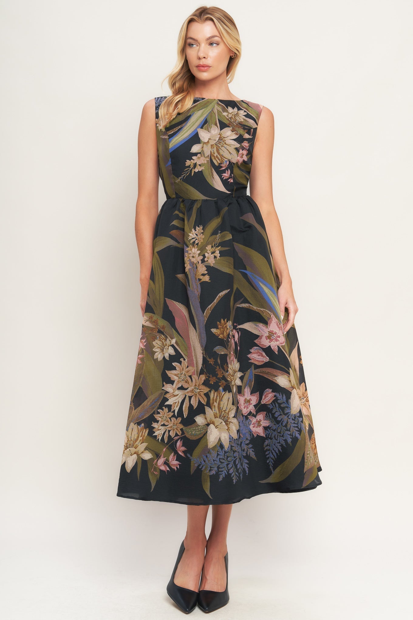 Foliage Whisper Printed Woven Midi Dress With Wide Neckline Flying Tomato