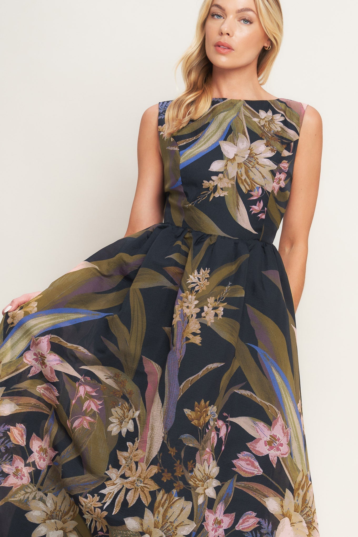 Foliage Whisper Printed Woven Midi Dress With Wide Neckline Flying Tomato