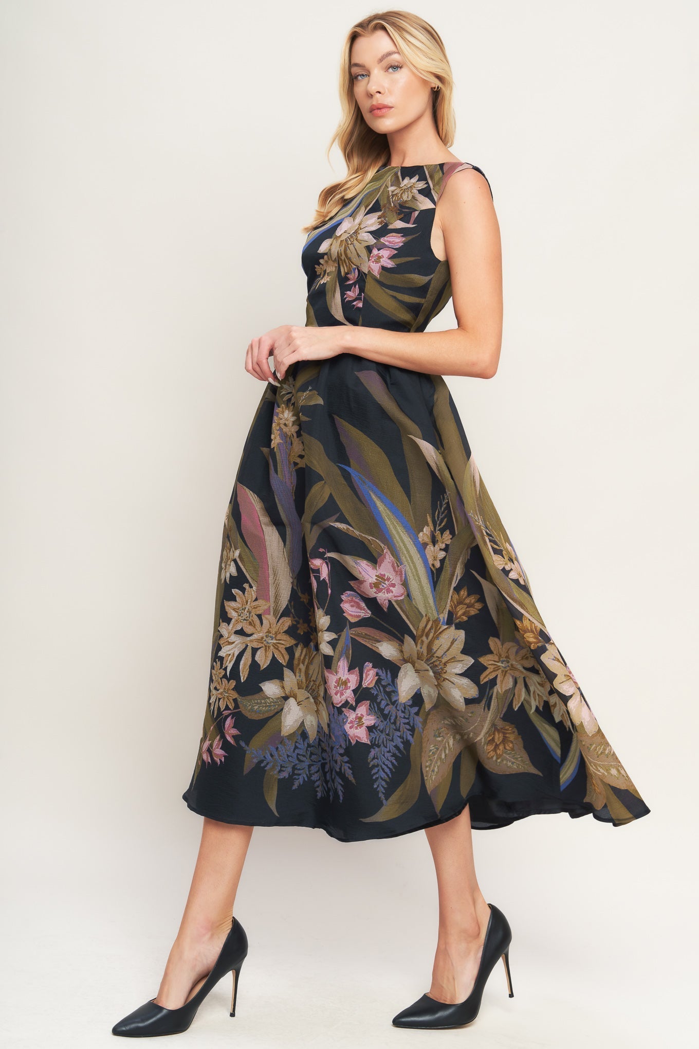 Foliage Whisper Printed Woven Midi Dress With Wide Neckline Flying Tomato