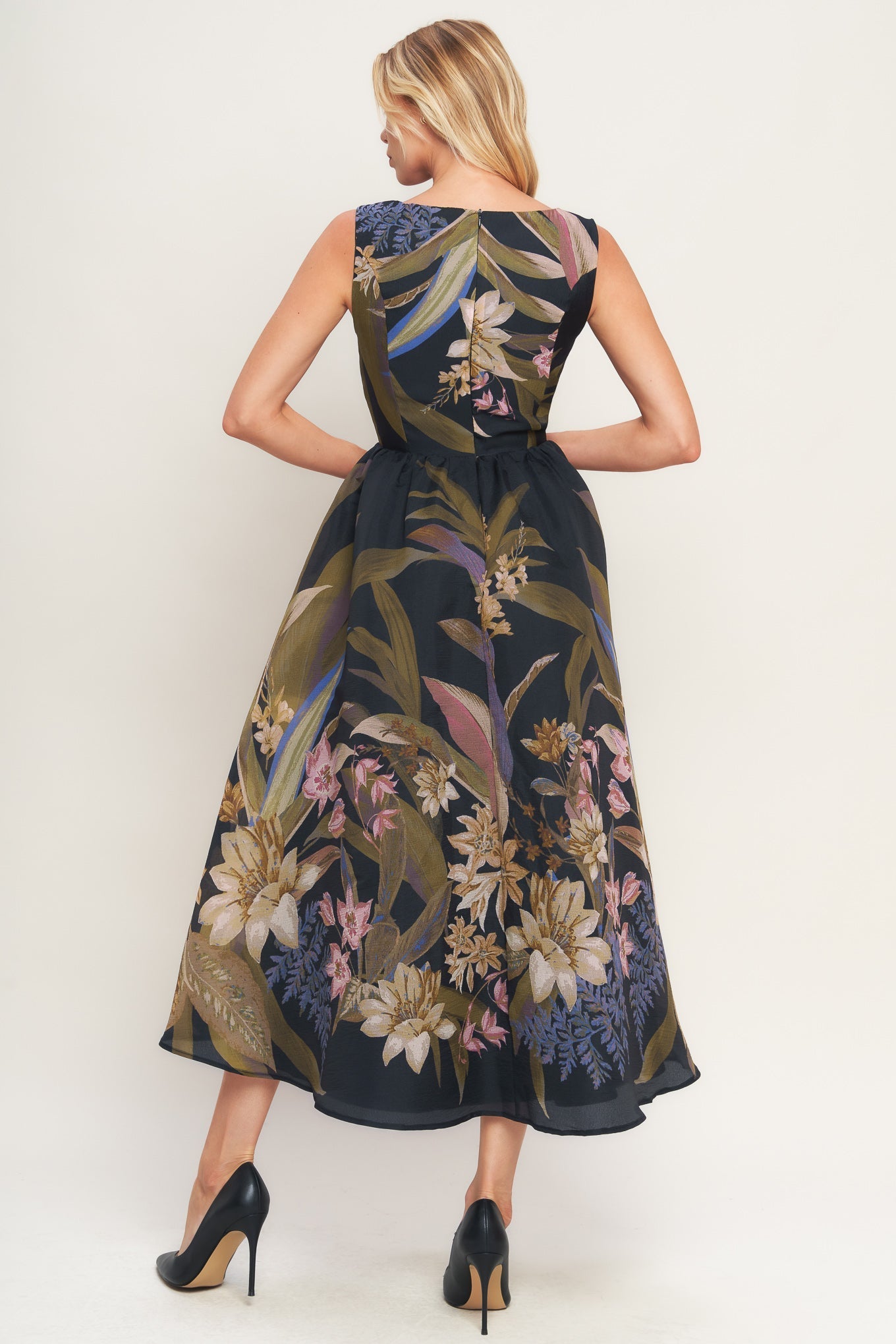Foliage Whisper Printed Woven Midi Dress With Wide Neckline Flying Tomato