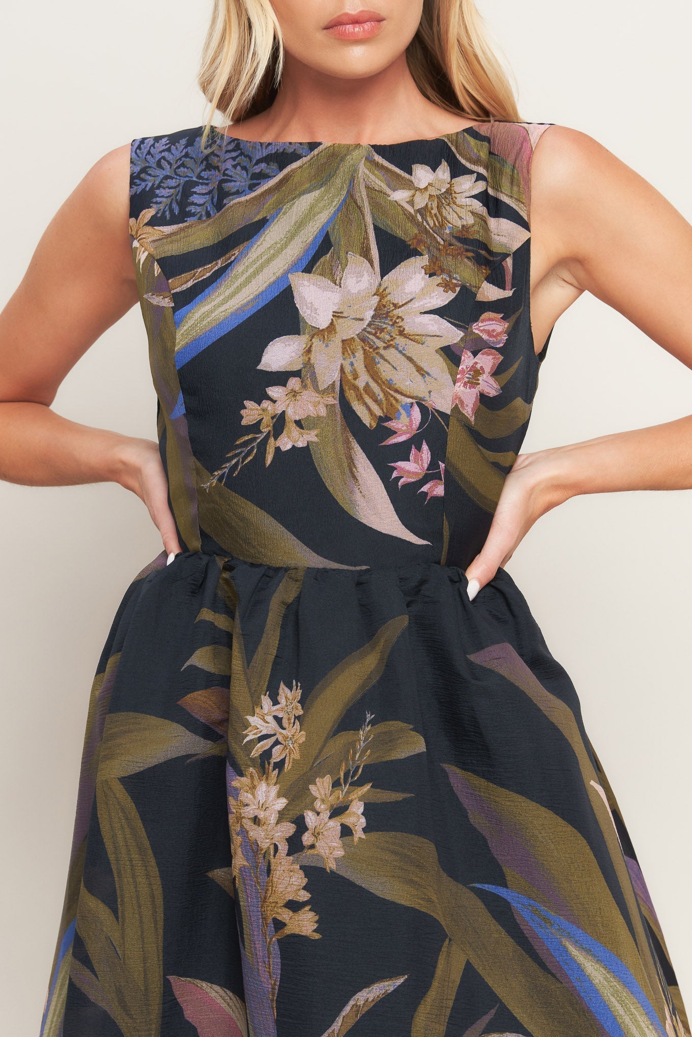 Foliage Whisper Printed Woven Midi Dress With Wide Neckline Flying Tomato