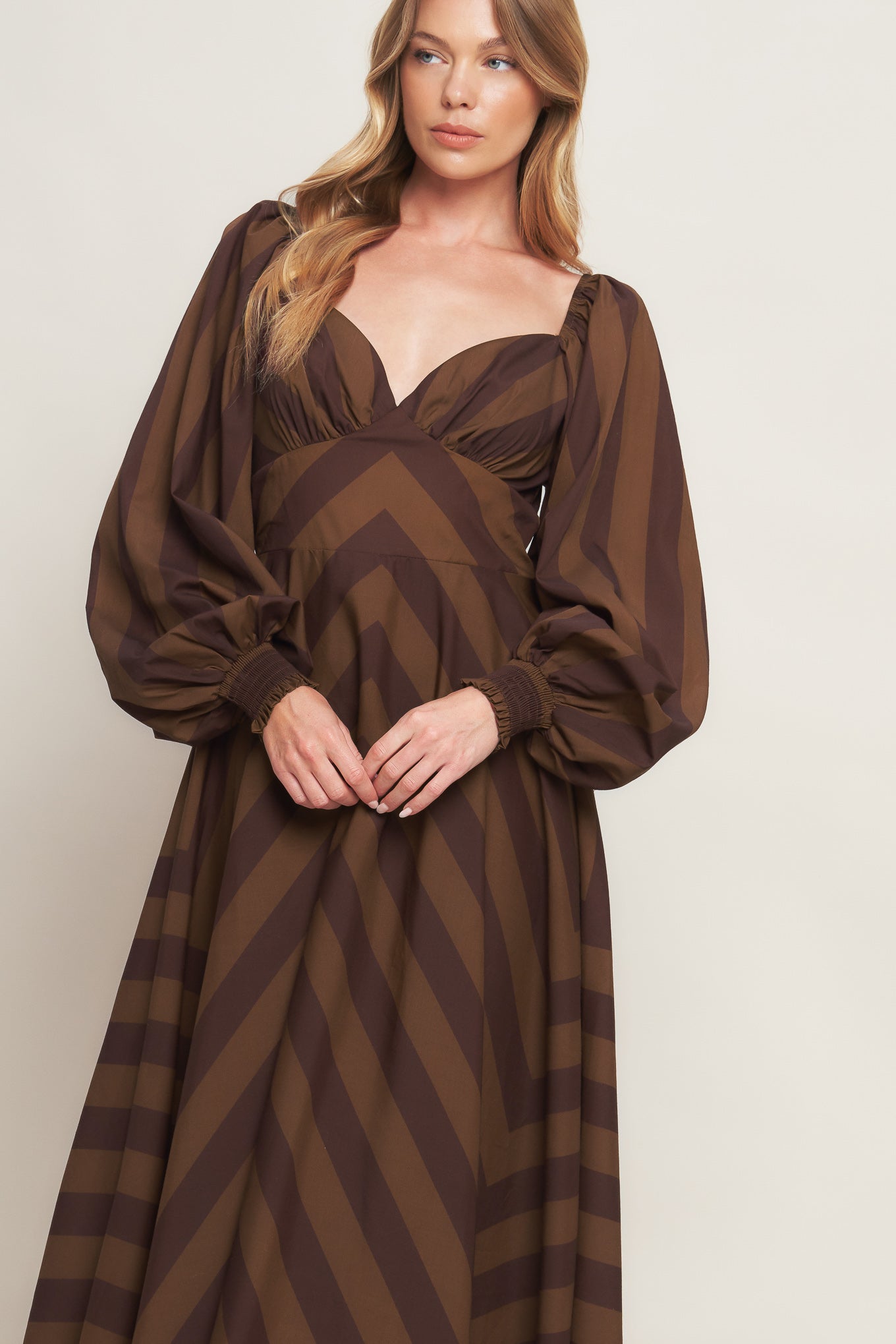 Brown Goddess Flow Woven Midi Dress Sweetheart Neckline Flying Tomato