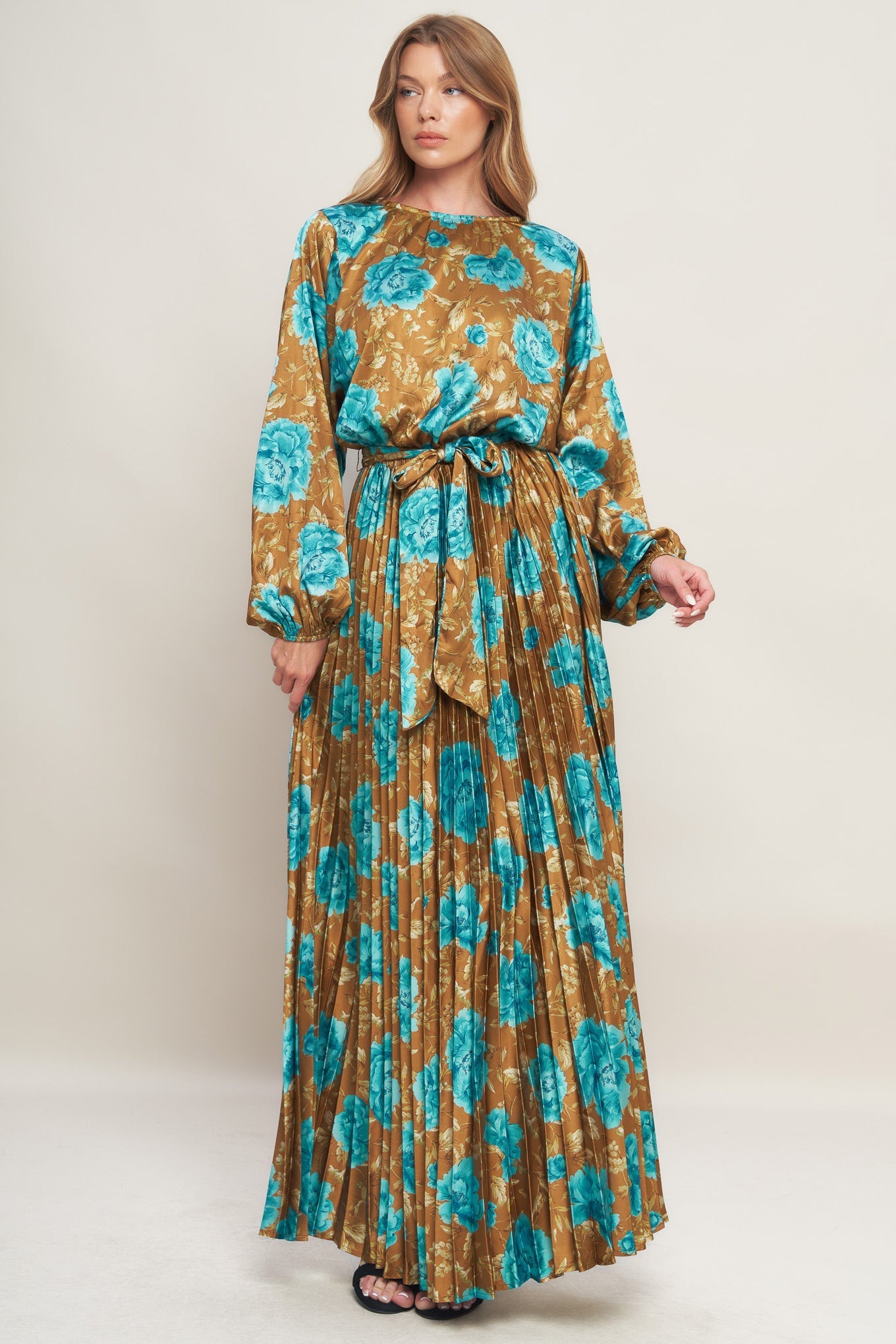 Golden Bloom Luxe Printed Woven Satin Maxi Dress Round Neck Flying Tomato