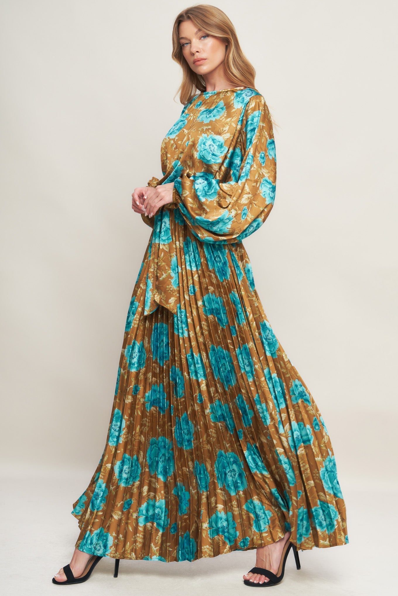 Golden Bloom Luxe Printed Woven Satin Maxi Dress Round Neck Flying Tomato