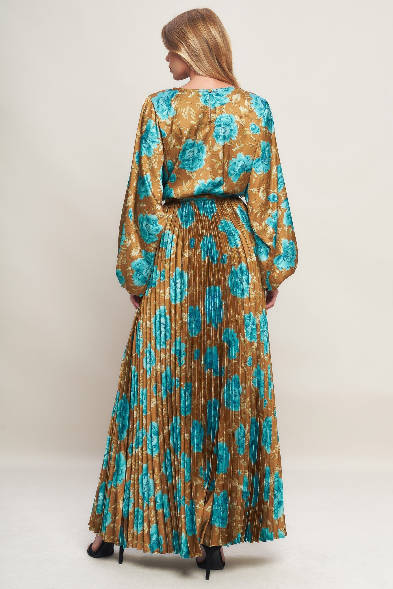 Golden Bloom Luxe Printed Woven Satin Maxi Dress Round Neck Flying Tomato