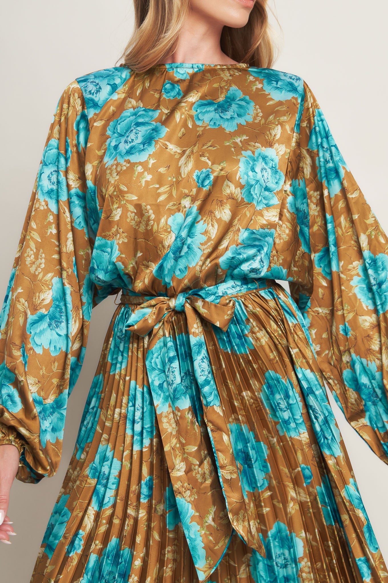 Golden Bloom Luxe Printed Woven Satin Maxi Dress Round Neck Flying Tomato