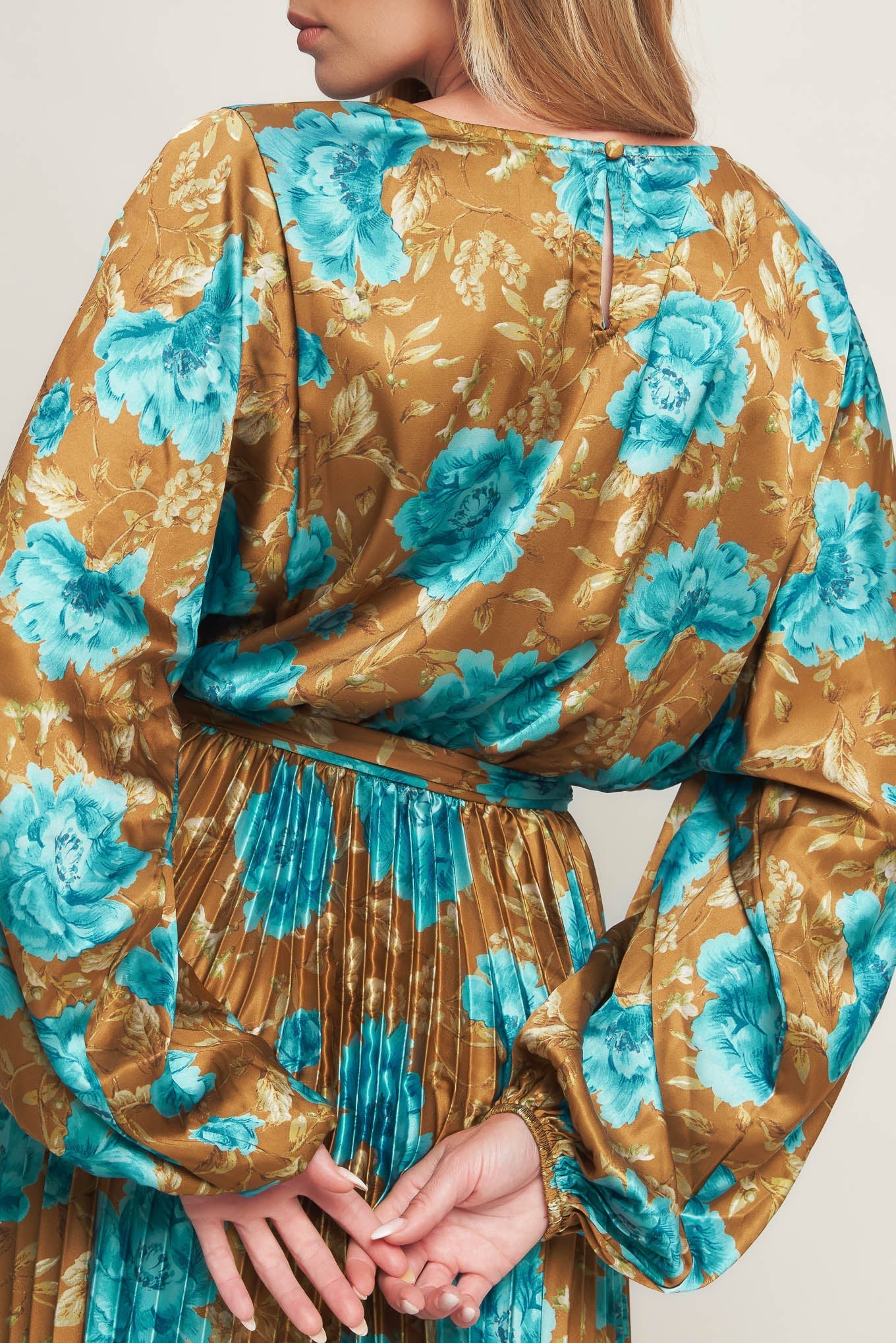 Golden Bloom Luxe Printed Woven Satin Maxi Dress Round Neck Flying Tomato