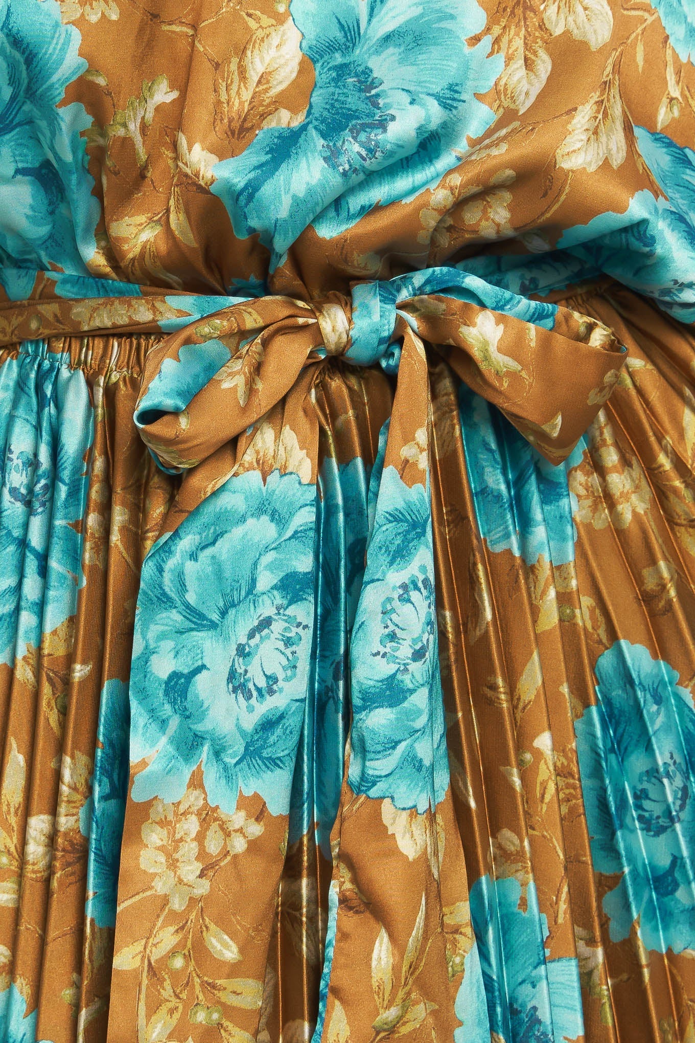 Golden Bloom Luxe Printed Woven Satin Maxi Dress Round Neck Flying Tomato