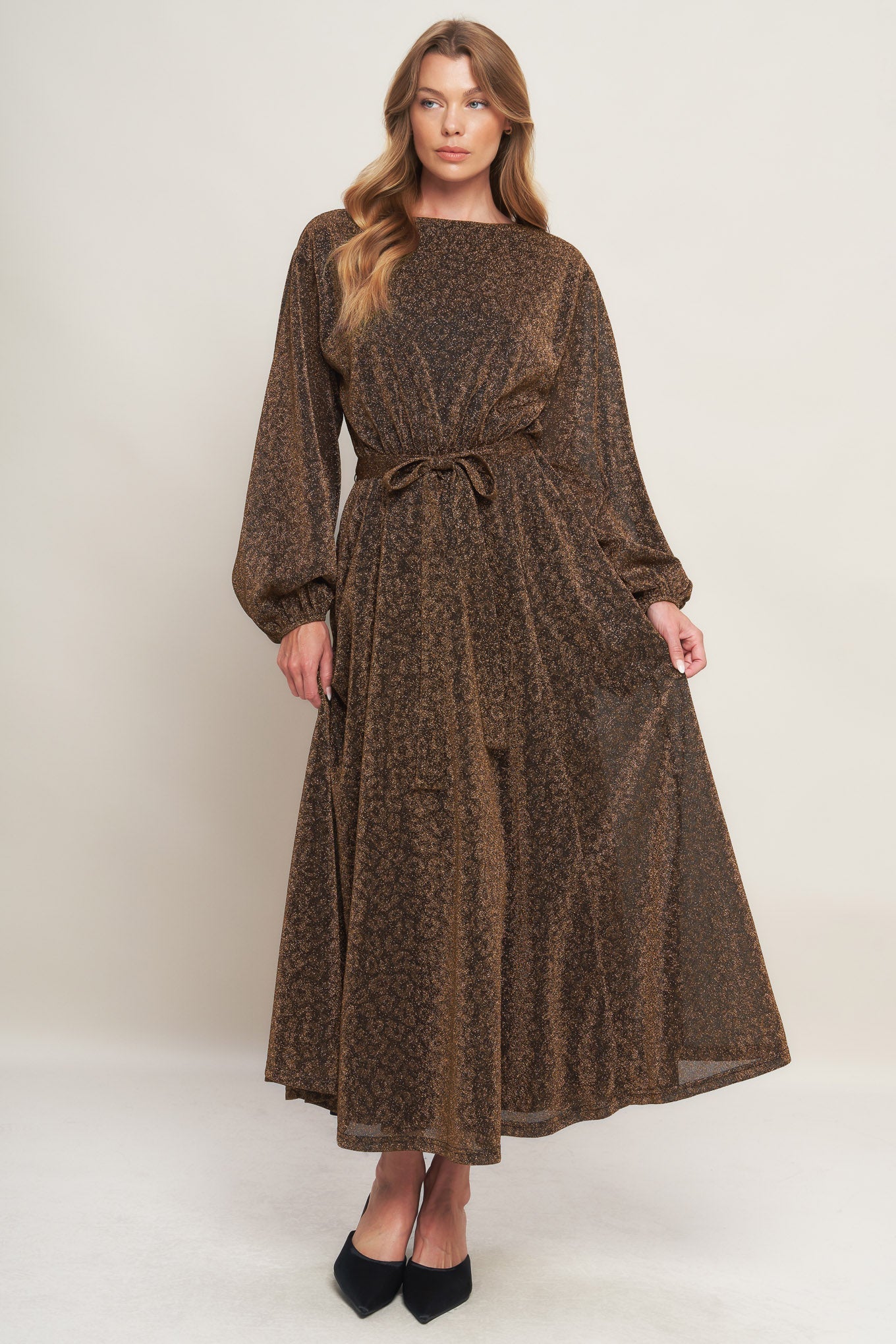 GOLDEN HORIZON METALLIC WOVEN MIDI DRESS Flying Tomato