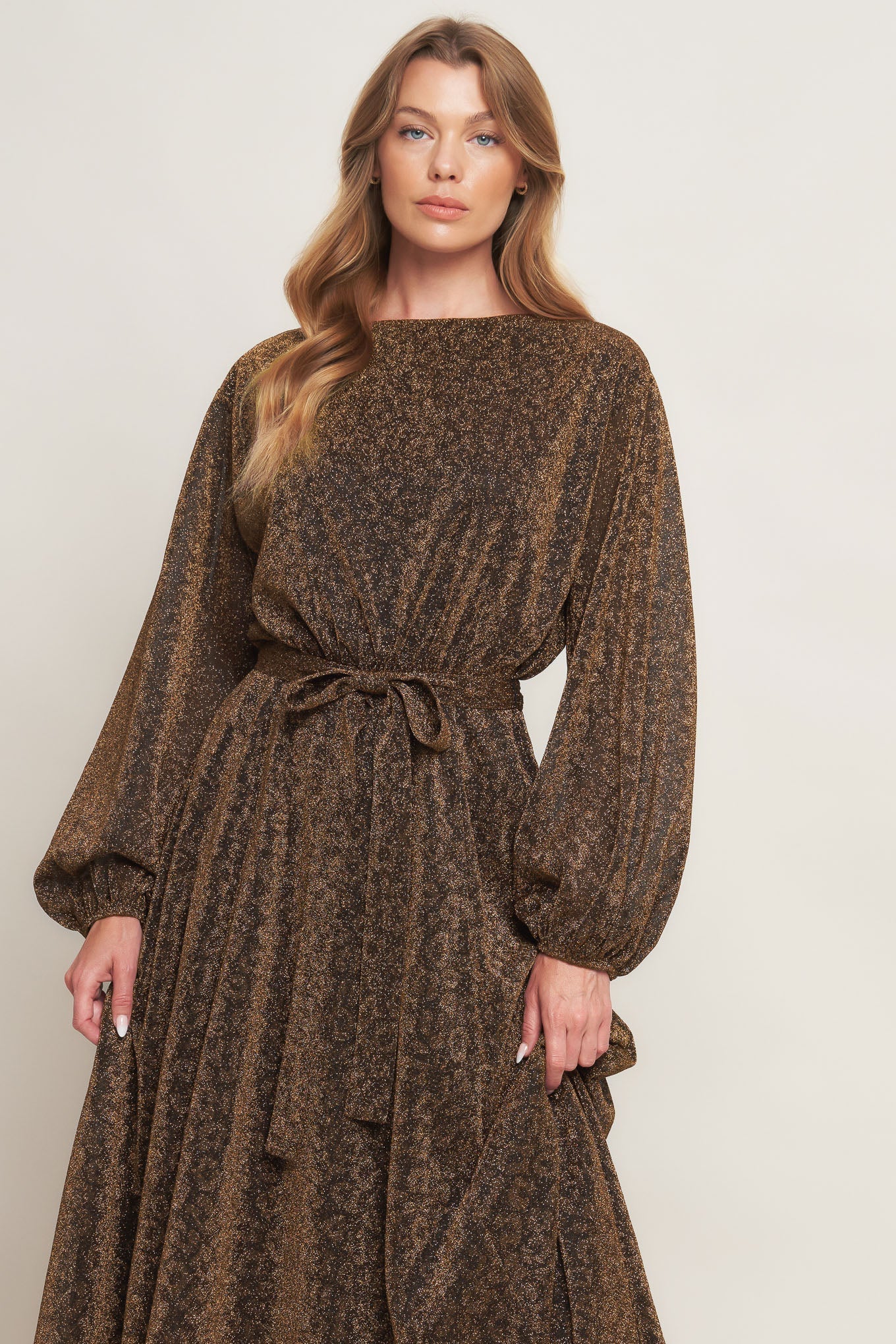 GOLDEN HORIZON METALLIC WOVEN MIDI DRESS Flying Tomato