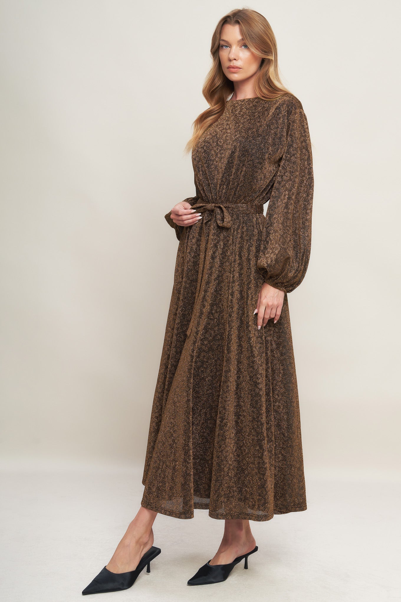 GOLDEN HORIZON METALLIC WOVEN MIDI DRESS Flying Tomato