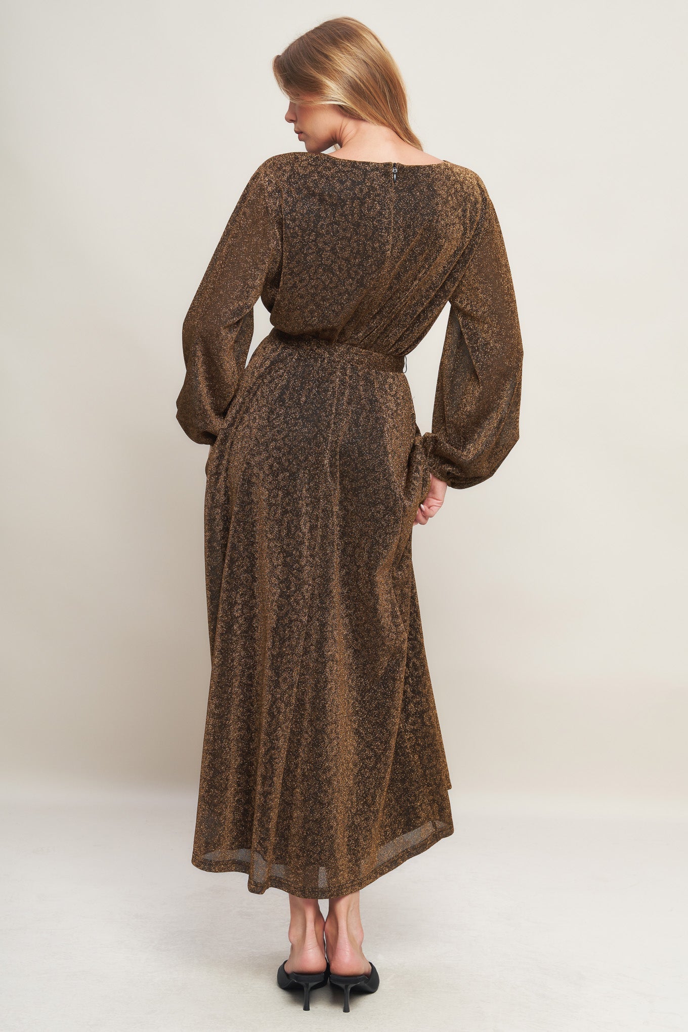 GOLDEN HORIZON METALLIC WOVEN MIDI DRESS Flying Tomato