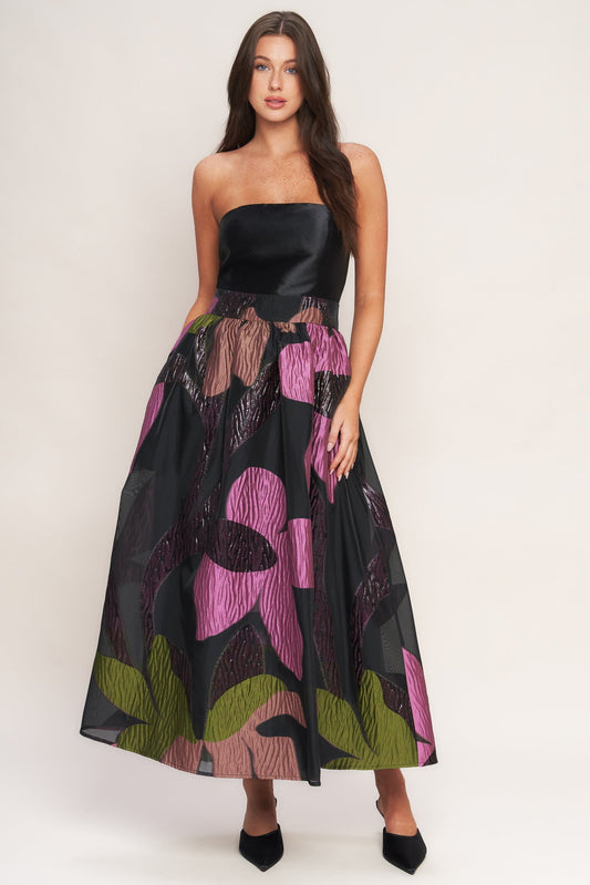 Abstract Rose Woven Midi Dress Tube Top Printed Skirt Flying Tomato