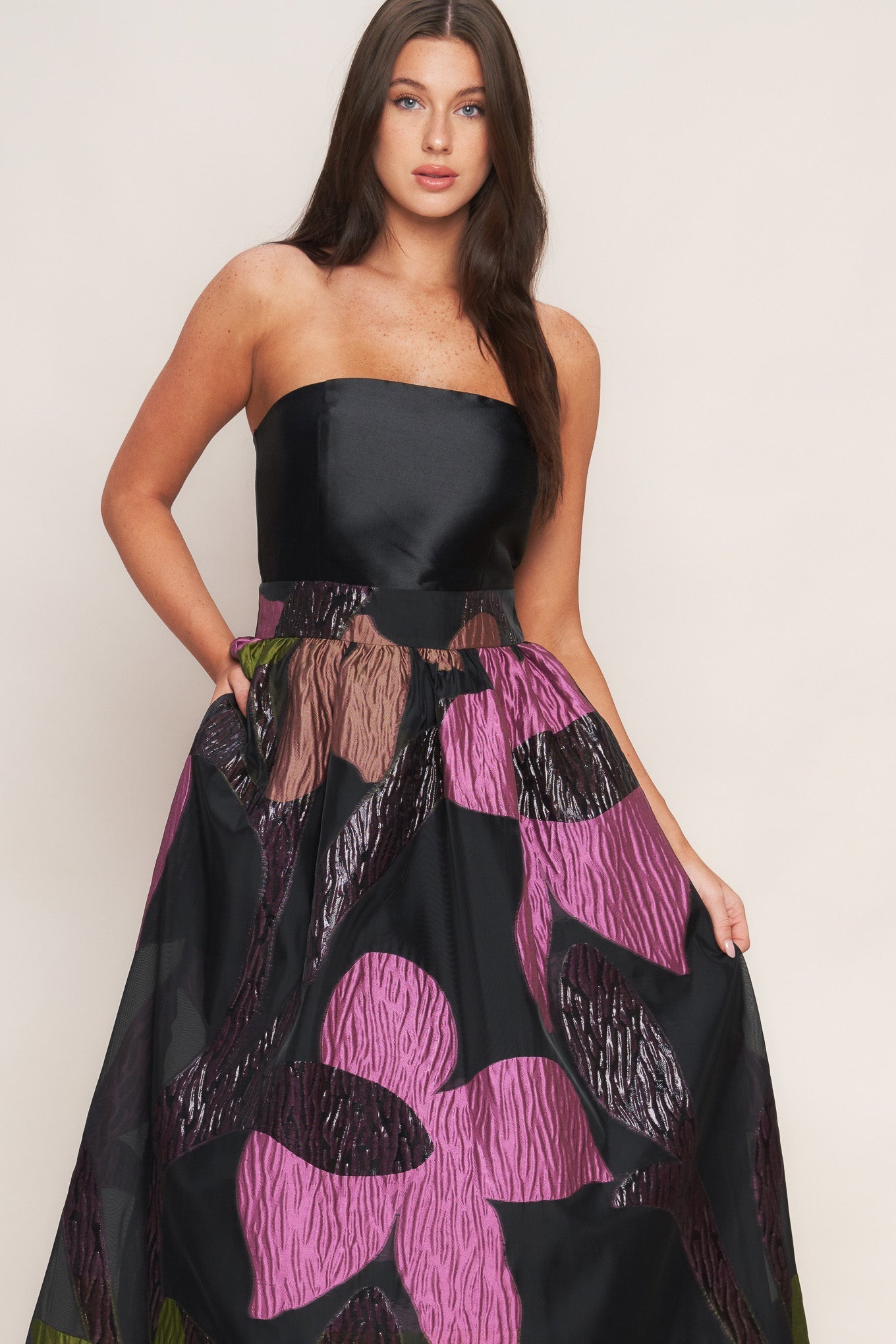 Abstract Rose Woven Midi Dress Tube Top Printed Skirt Flying Tomato