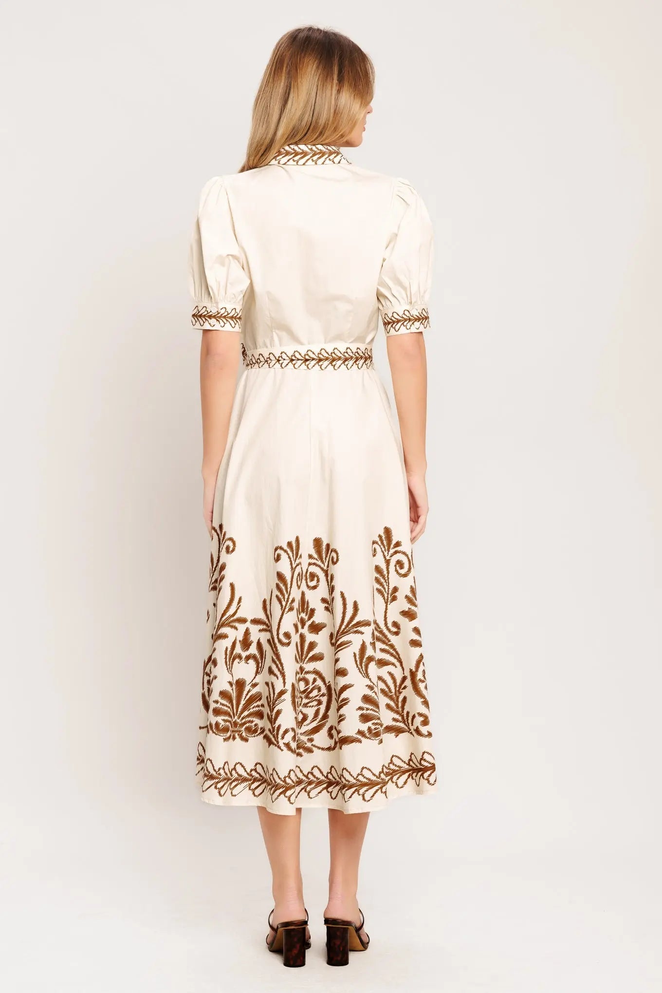 Romantic Heirloom Woven Cotton Midi Dress With Embroidered Border Flying Tomato