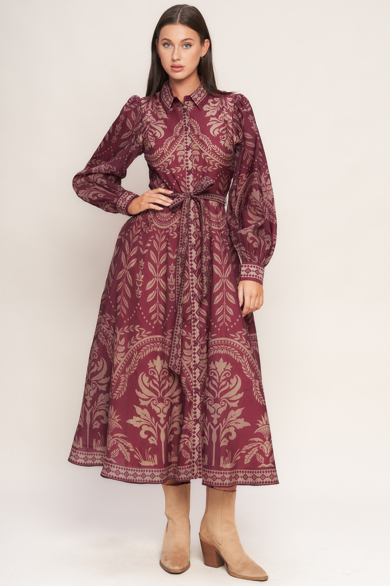 Vintage Tapestry Woven Midi Dress With Collar Button Front Flying Tomato