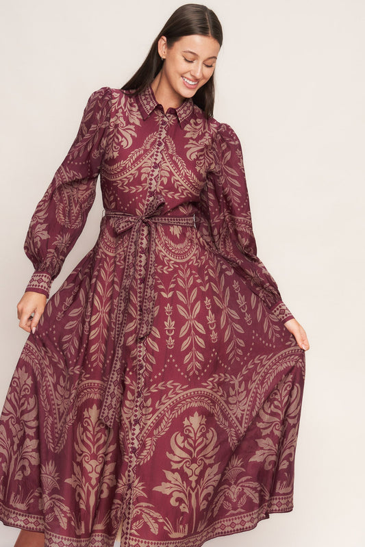 Vintage Tapestry Woven Midi Dress With Collar Button Front Flying Tomato