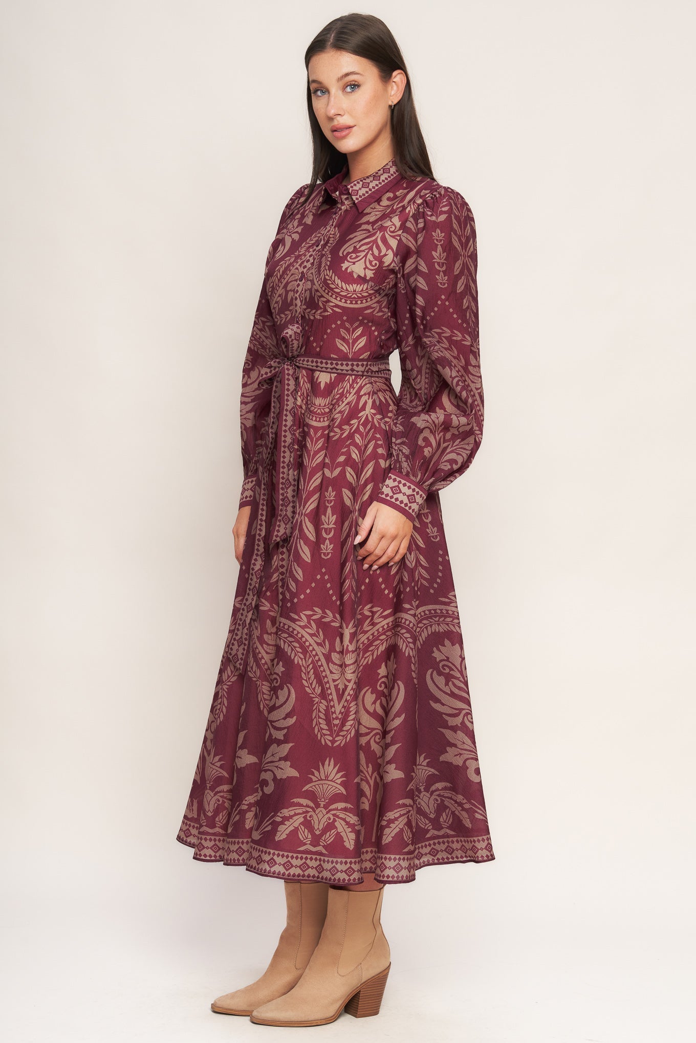 Vintage Tapestry Woven Midi Dress With Collar Button Front Flying Tomato