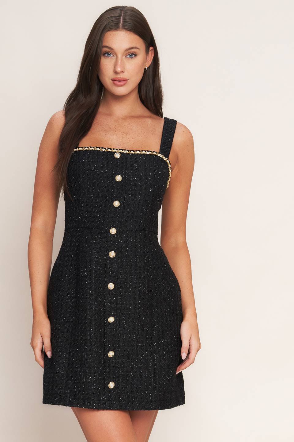 Monaco Hour Tweed Mini Dress With Straps Front Button Down Flying Tomato