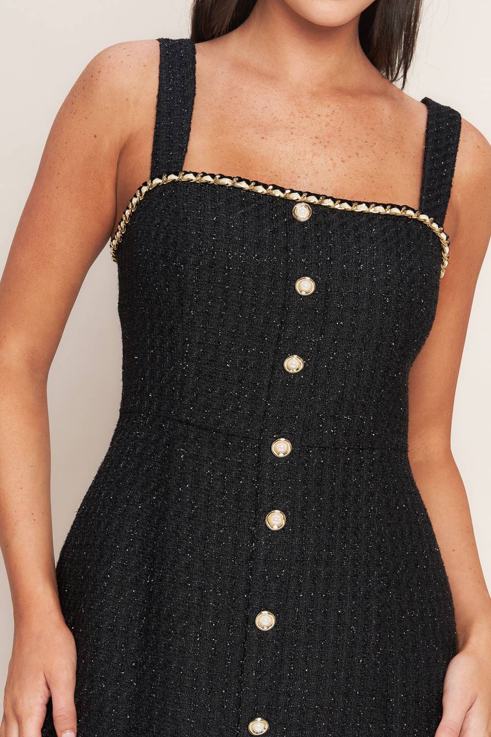 Monaco Hour Tweed Mini Dress With Straps Front Button Down Flying Tomato