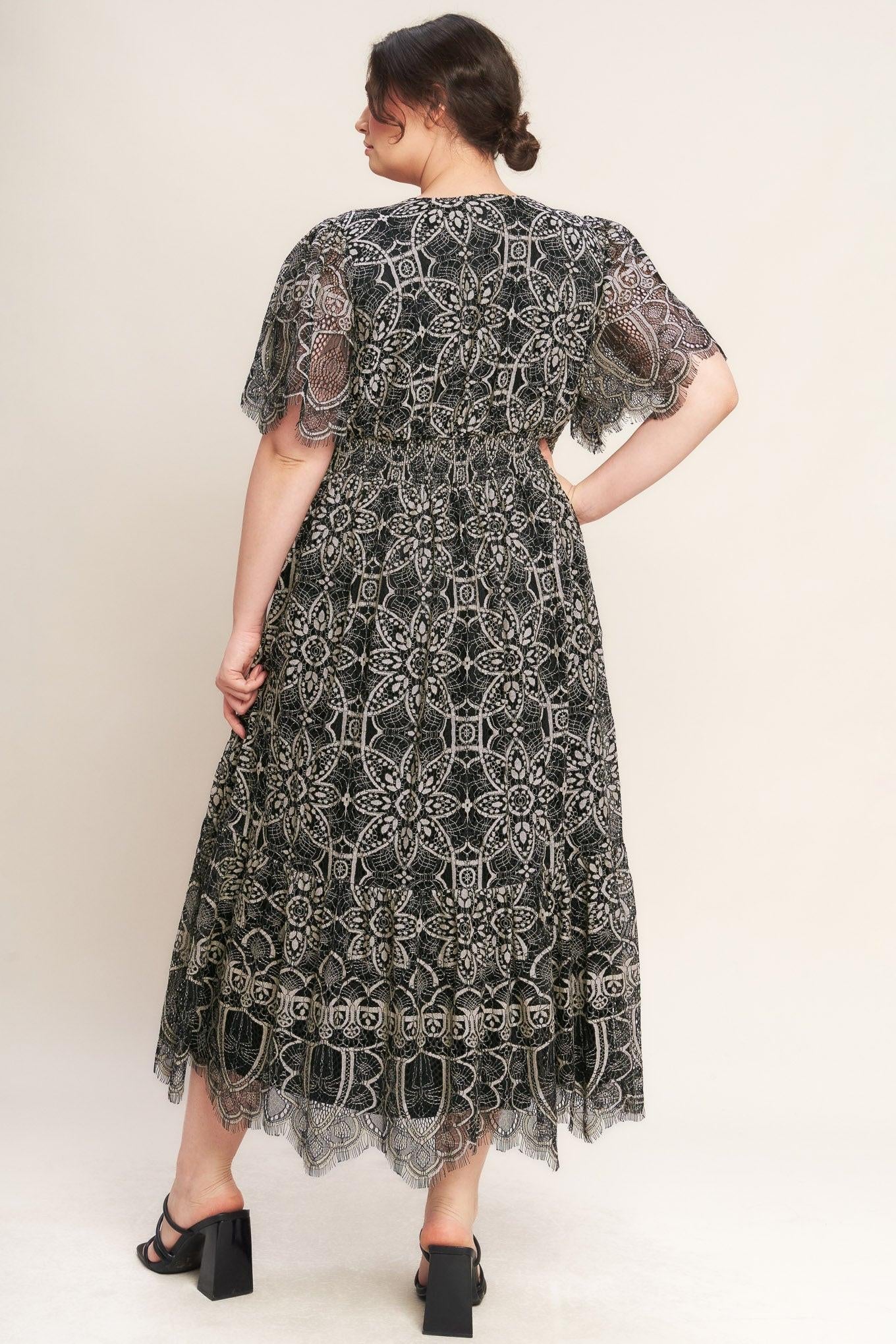 Flying Tomato Gothic Bloom Woven Lace Midi Dress worn by a model, illustrating its versatile style and comfortable elegance.