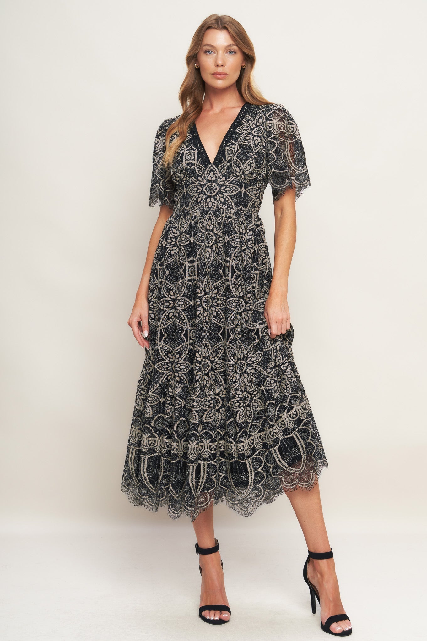 GOTHIC BLOOM WOVEN LACE MIDI DRESS Flying Tomato