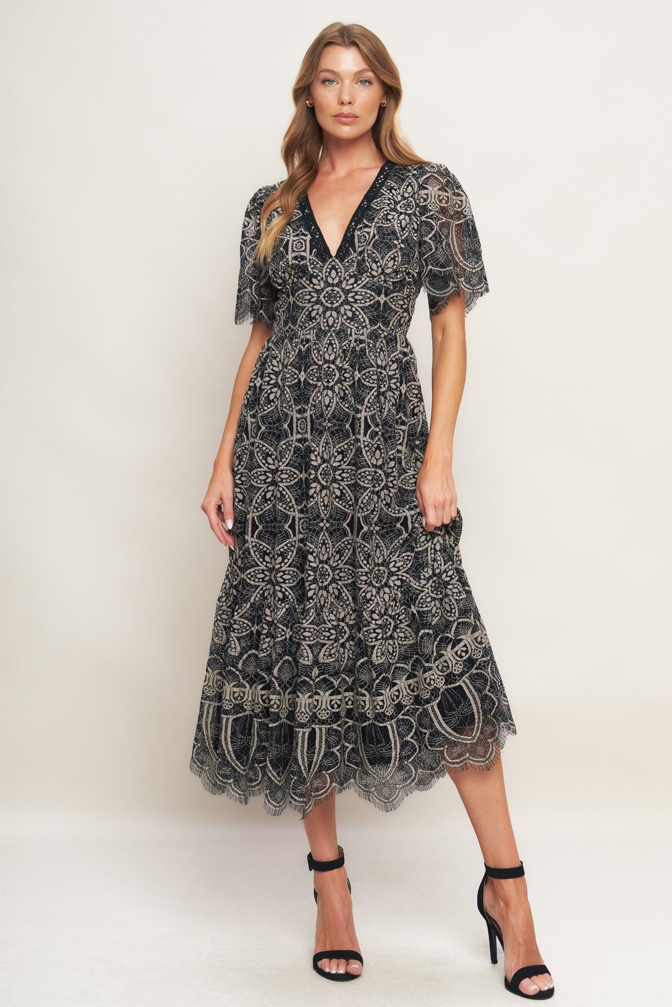 Flying Tomato Gothic Bloom Woven Lace Midi Dress, showcasing its full elegant design and intricate floral patterns for a soph