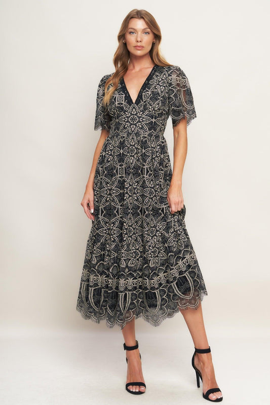 Flying Tomato Gothic Bloom Woven Lace Midi Dress, showcasing its full elegant design and intricate floral patterns for a soph