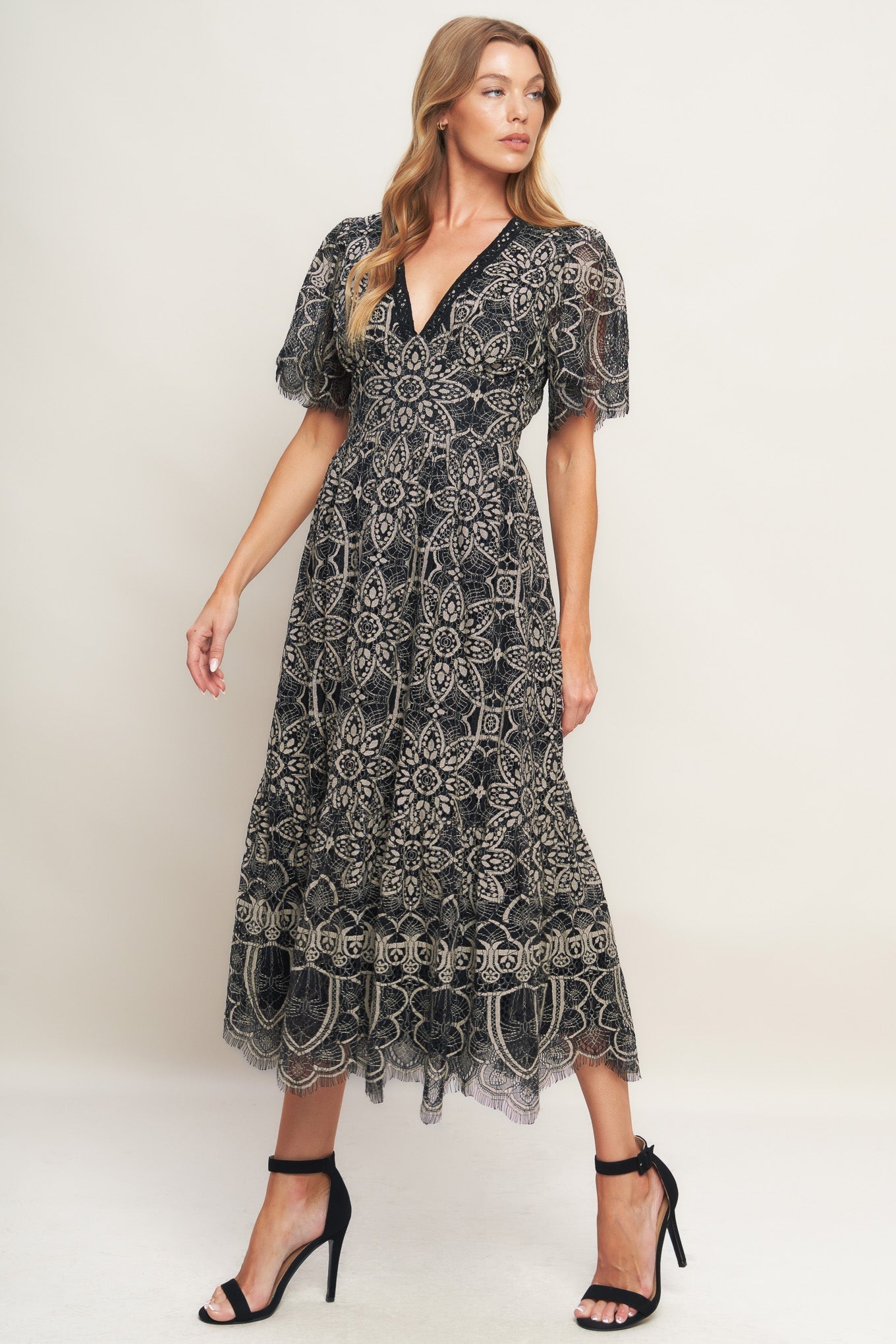 GOTHIC BLOOM WOVEN LACE MIDI DRESS Flying Tomato