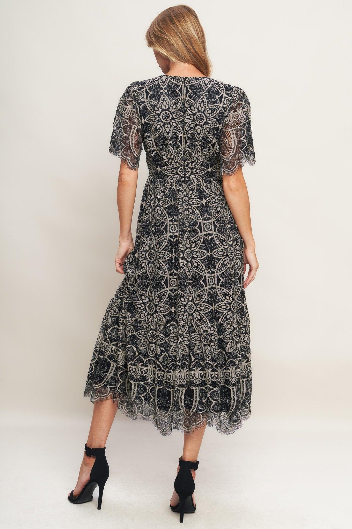 Model wearing the Flying Tomato Gothic Bloom Woven Lace Midi Dress, demonstrating its elegant fit and flowing movement.