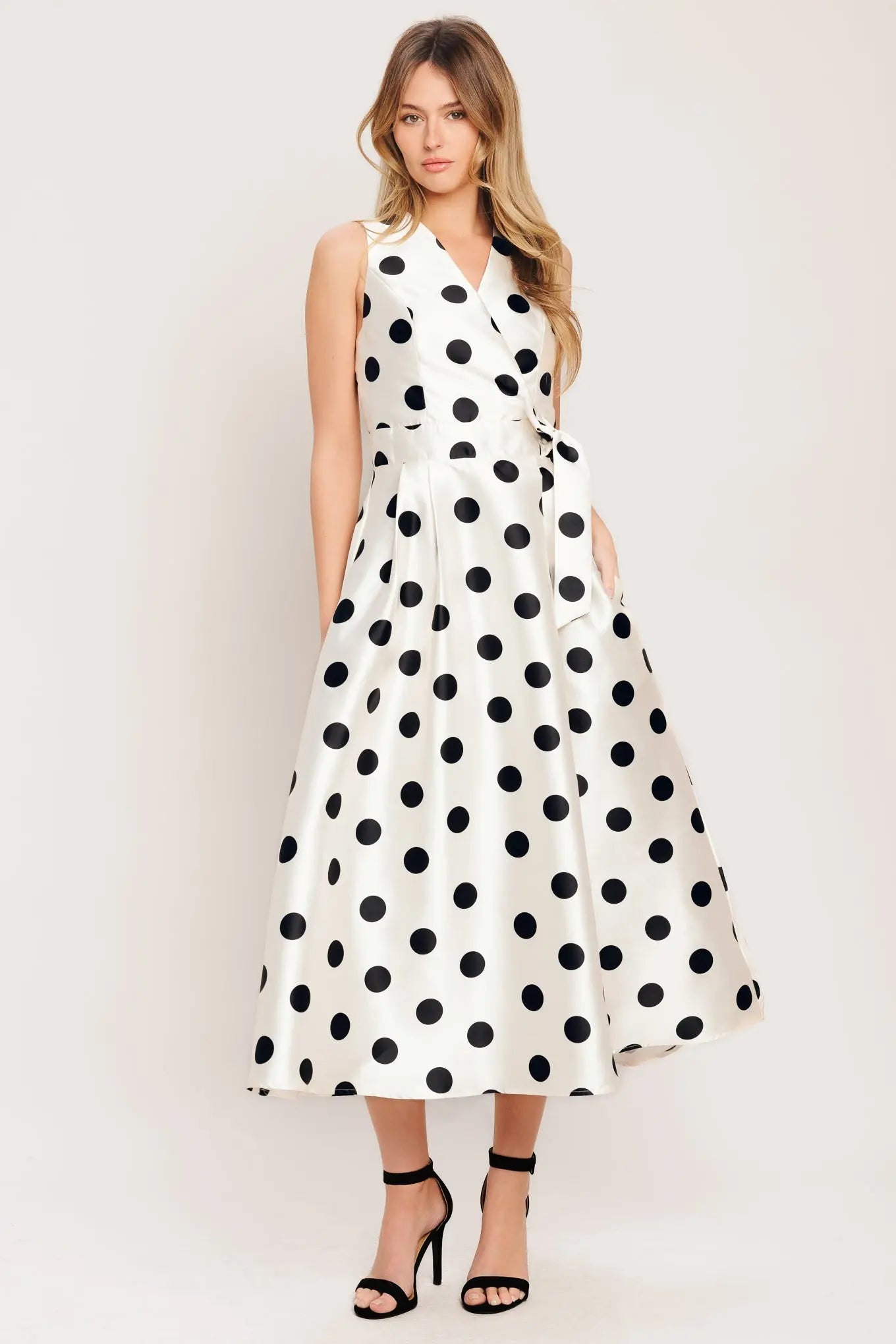 Cafe Noir Sleeveless Polka Dot Woven Midi Dress With Surplice Neckline Tie Flying Tomato