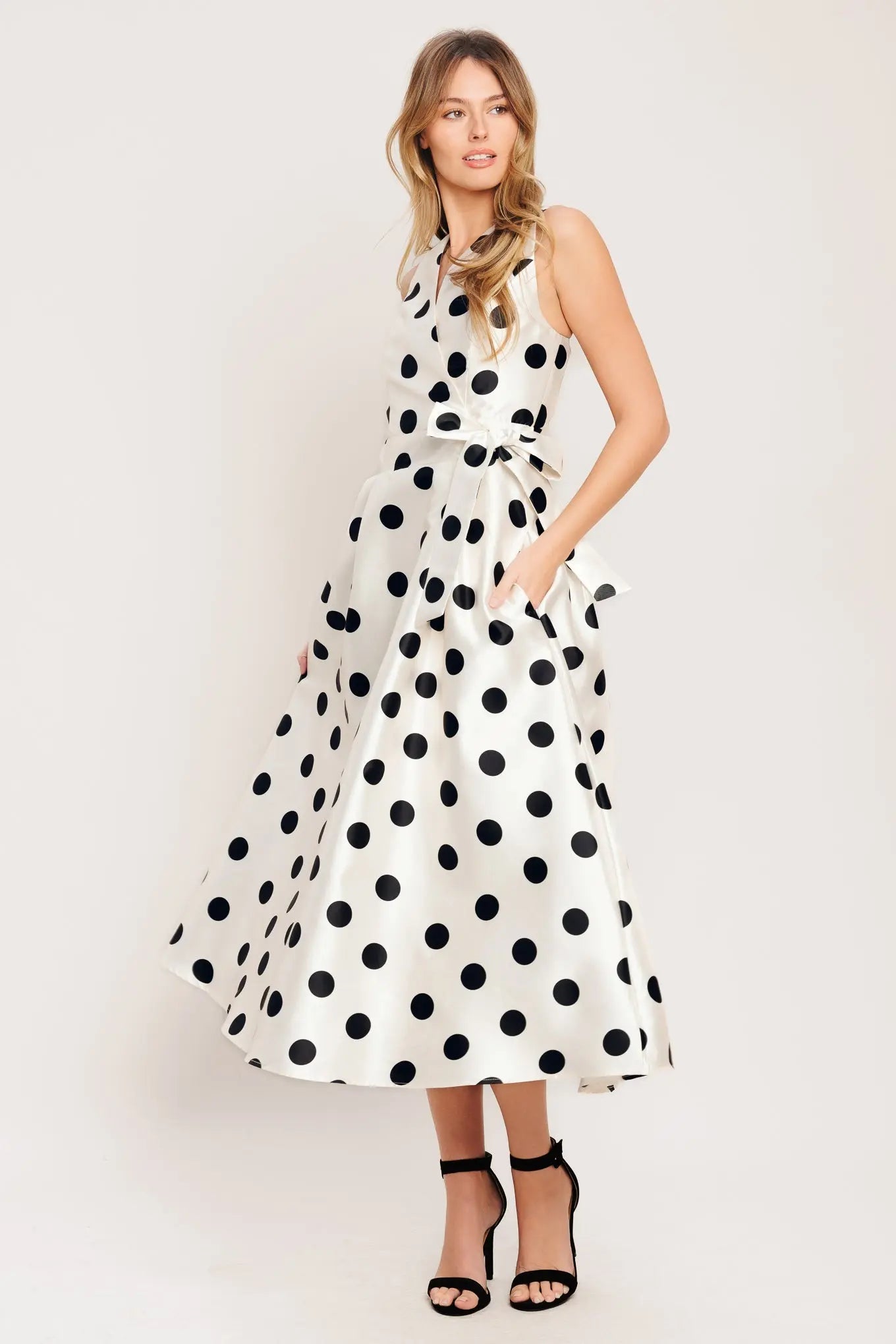 Cafe Noir Sleeveless Polka Dot Woven Midi Dress With Surplice Neckline Tie Flying Tomato