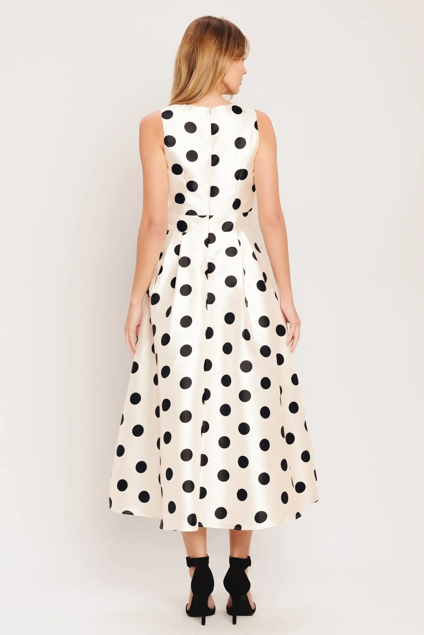 Cafe Noir Sleeveless Polka Dot Woven Midi Dress With Surplice Neckline Tie Flying Tomato