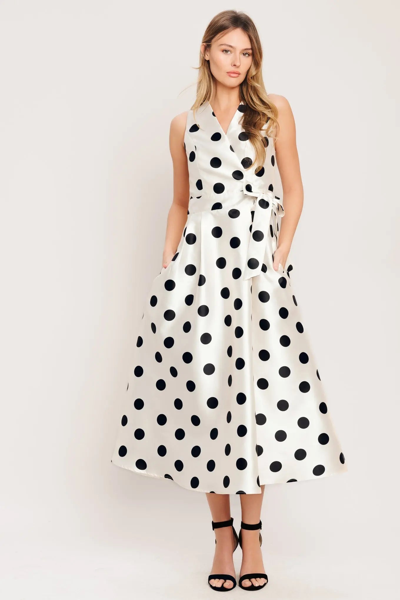 Cafe Noir Sleeveless Polka Dot Woven Midi Dress With Surplice Neckline Tie Flying Tomato