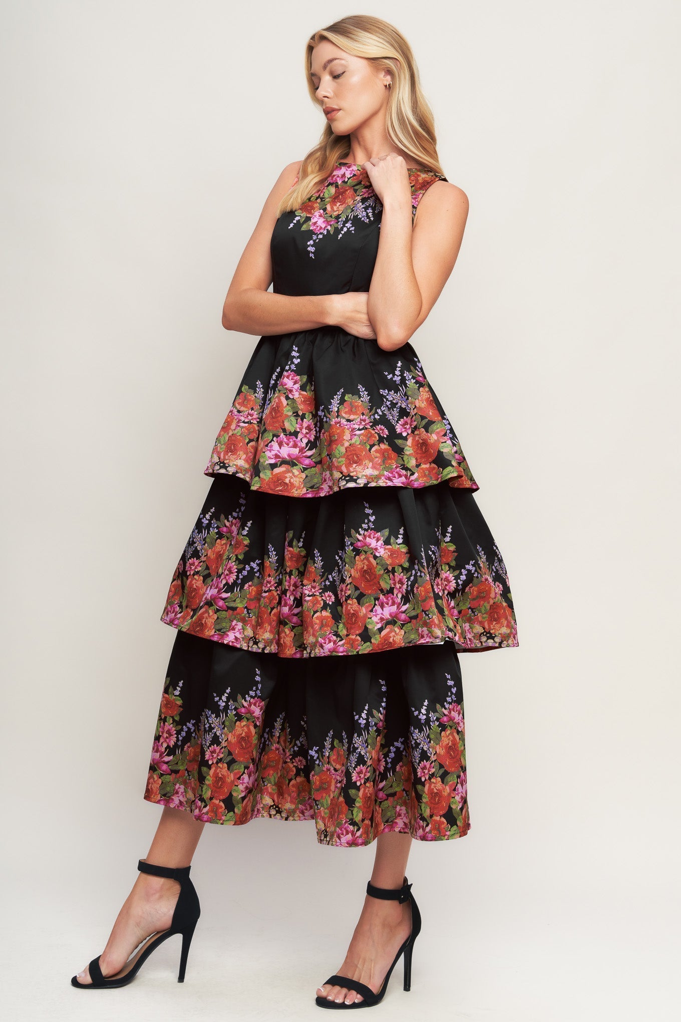 Botanical Ballgown Printed Midi Dress With Layered Skirt Flying Tomato