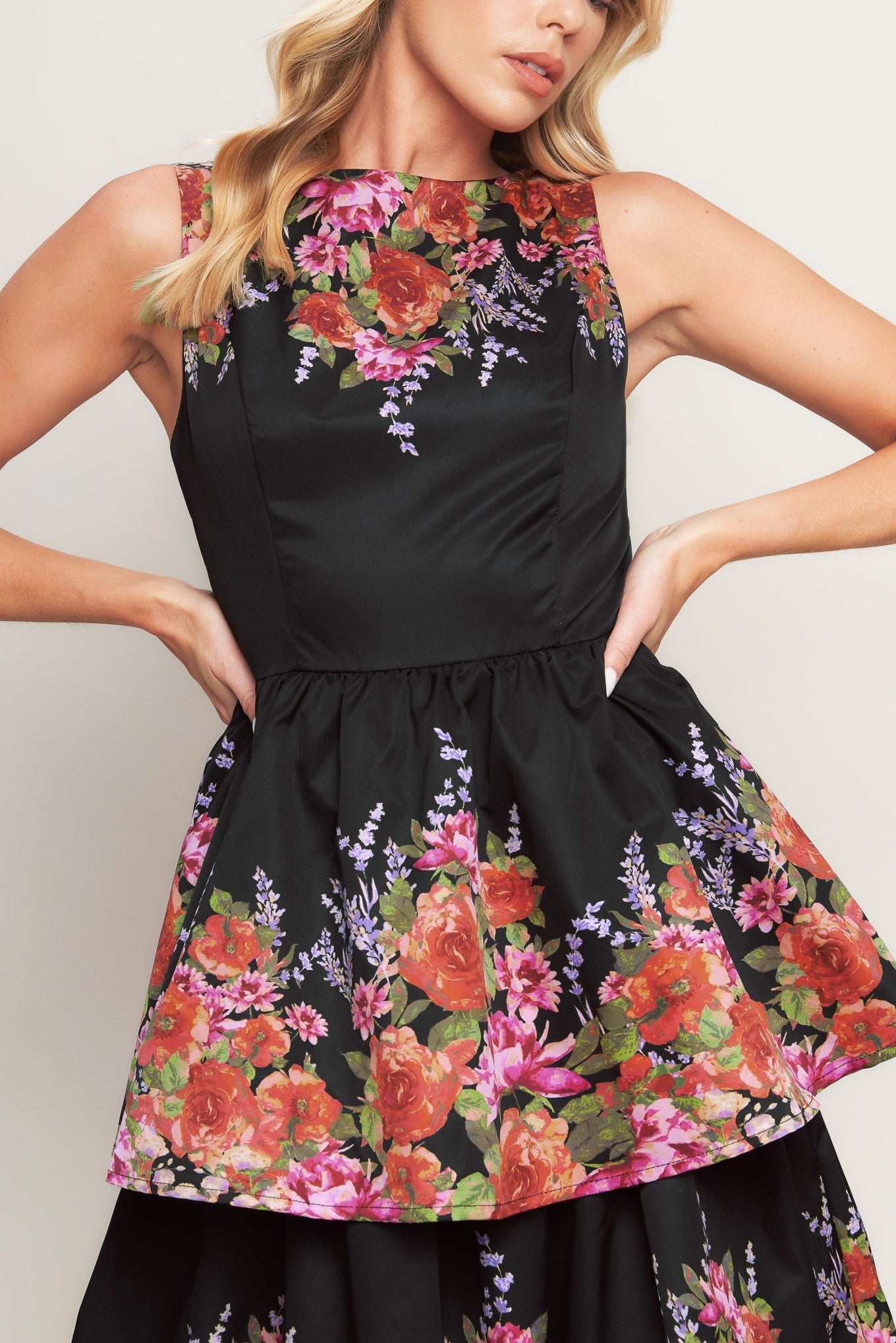Botanical Ballgown Printed Midi Dress With Layered Skirt Flying Tomato