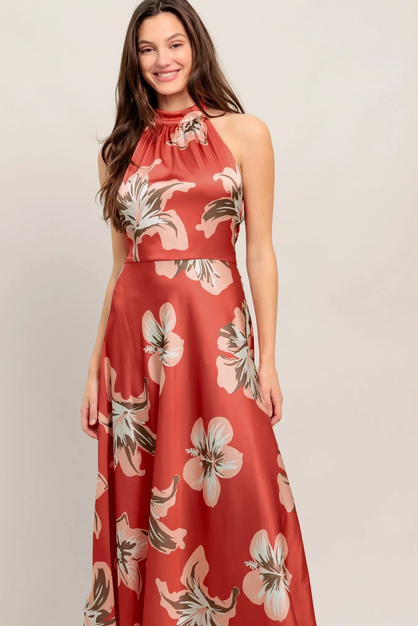 Cant Look Away Woven Midi Dress With Bare Back Halter Neckline Circle Skirt Flying Tomato